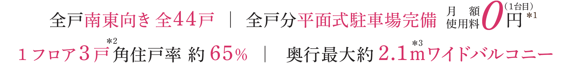 全戸南東向き 全４４戸 全戸分平面式駐車場完備 0円 1フロア３戸 角住戸率 約65％ 奥行最大約2.1ｍワイドバルコニー