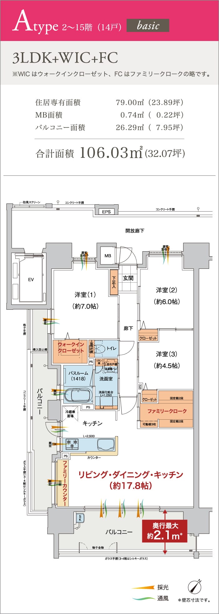 3LDK+WIC+FC 住居専有面積 80.00㎡ （24.20坪） MB面積 0.70㎡ （0.21坪） バルコニー面積 34.17㎡ （10.33坪） プライベートポーチ面積 9.30㎡ （ 2.81坪） 合計面積 124.17㎡ (37.56坪)